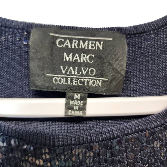 Carmen Marc Valvo Sequin Top Size M Blue Sleeveless Round Neck Evening Art Deco - Picture 12 of 13